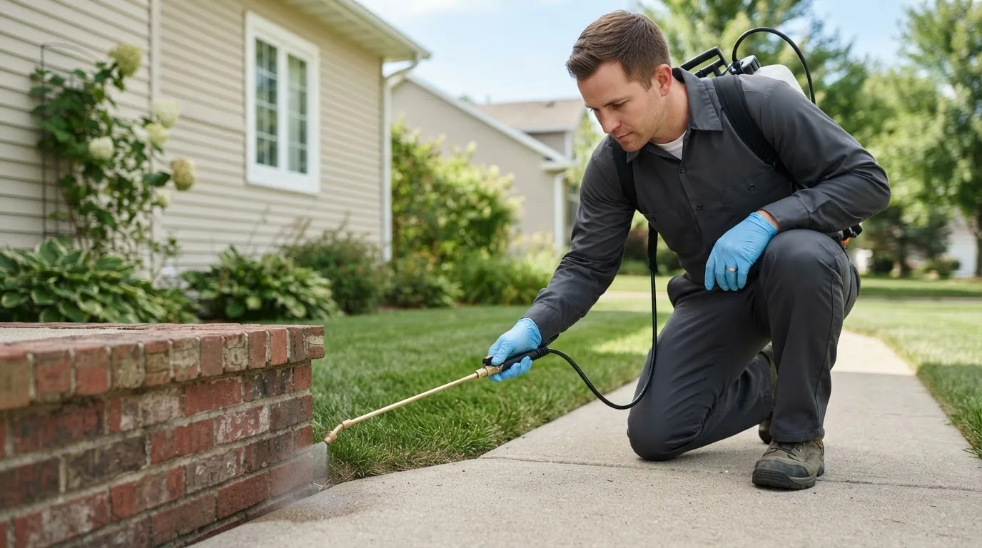 Pest control technician treating a home near Rogers, OH
